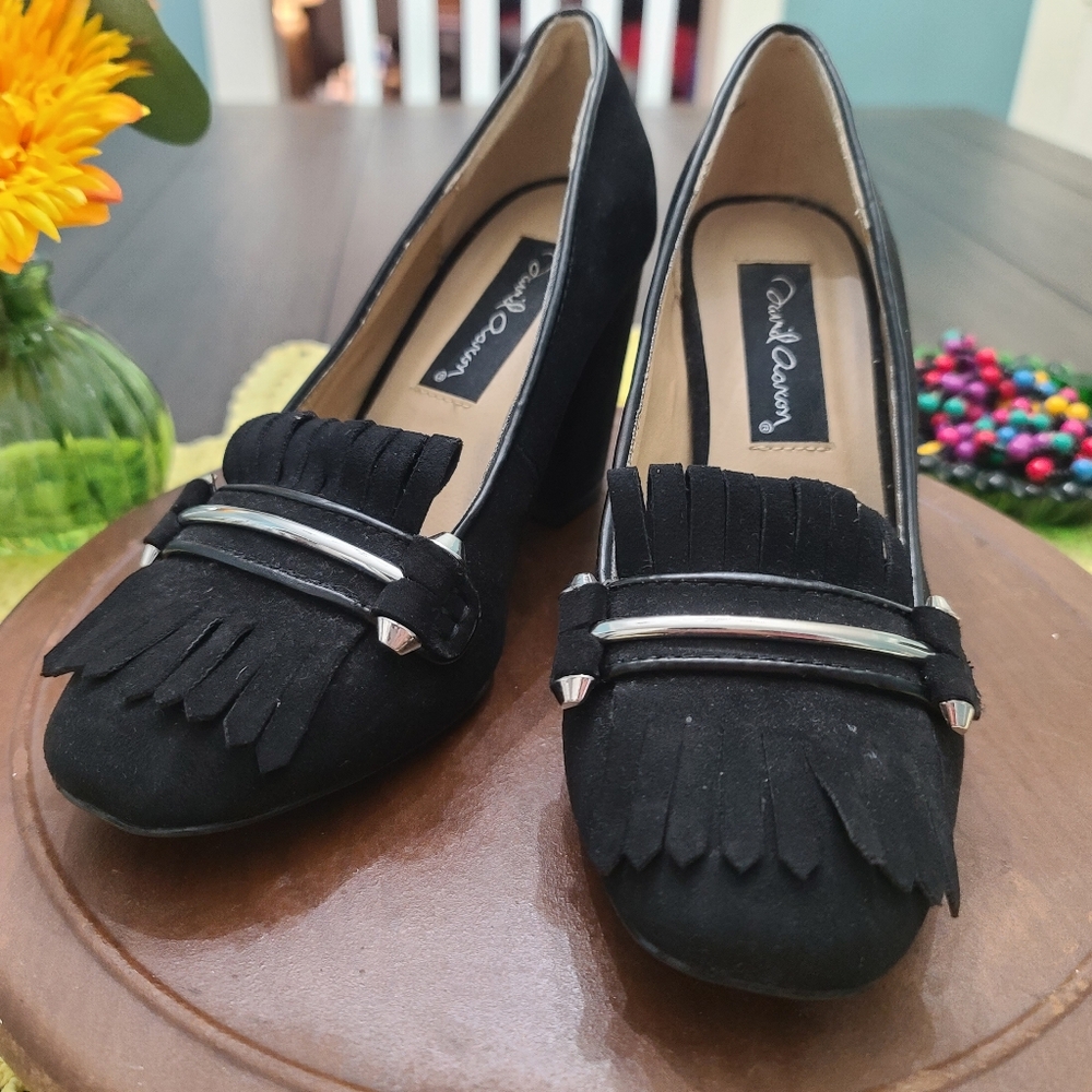 David Aaron Black Mormont Fringe Heeled Platform Shoes Sz 6.5